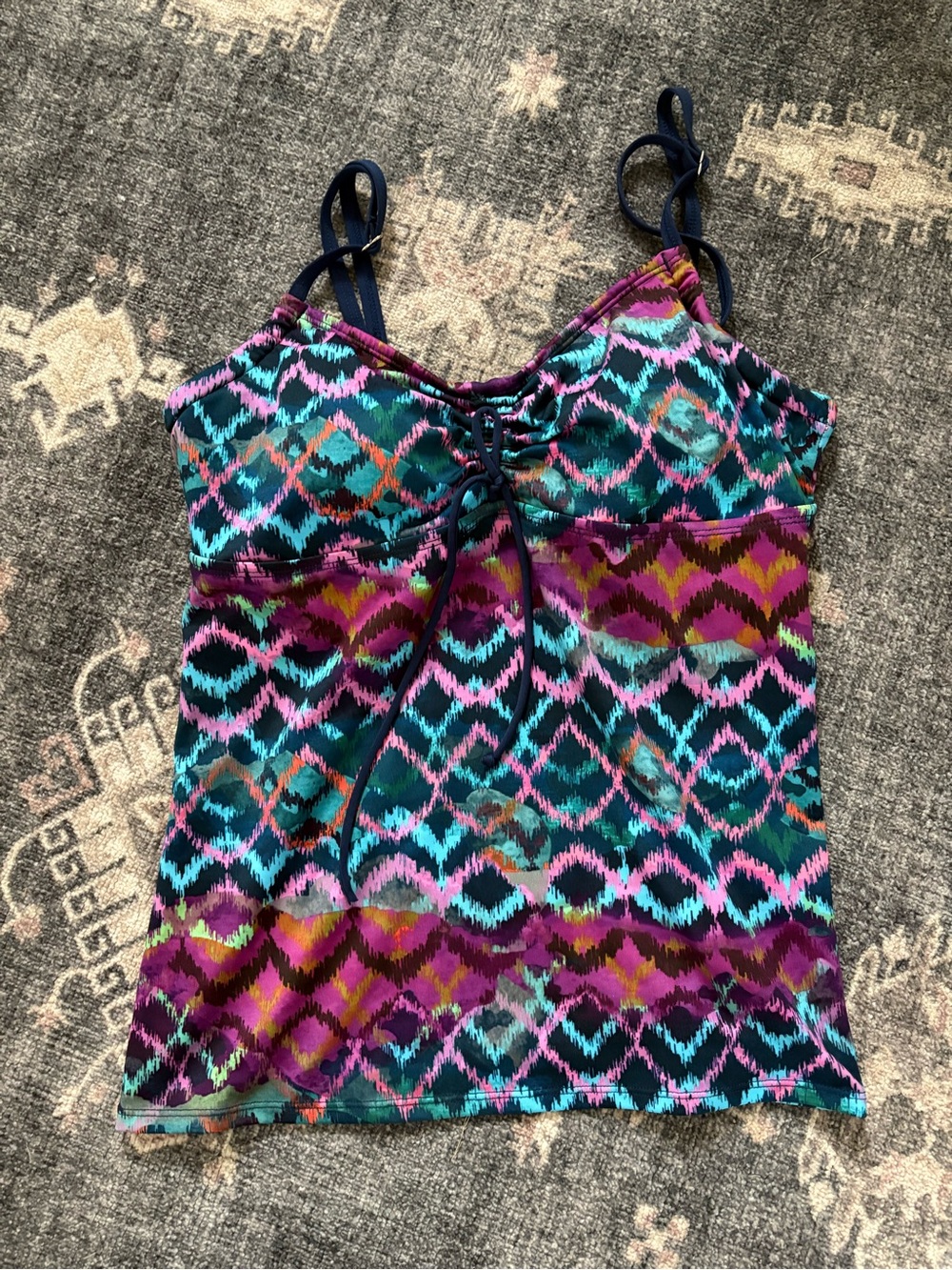 Sleeveless Multicolor Patterned Tankini with Lace-Up Front